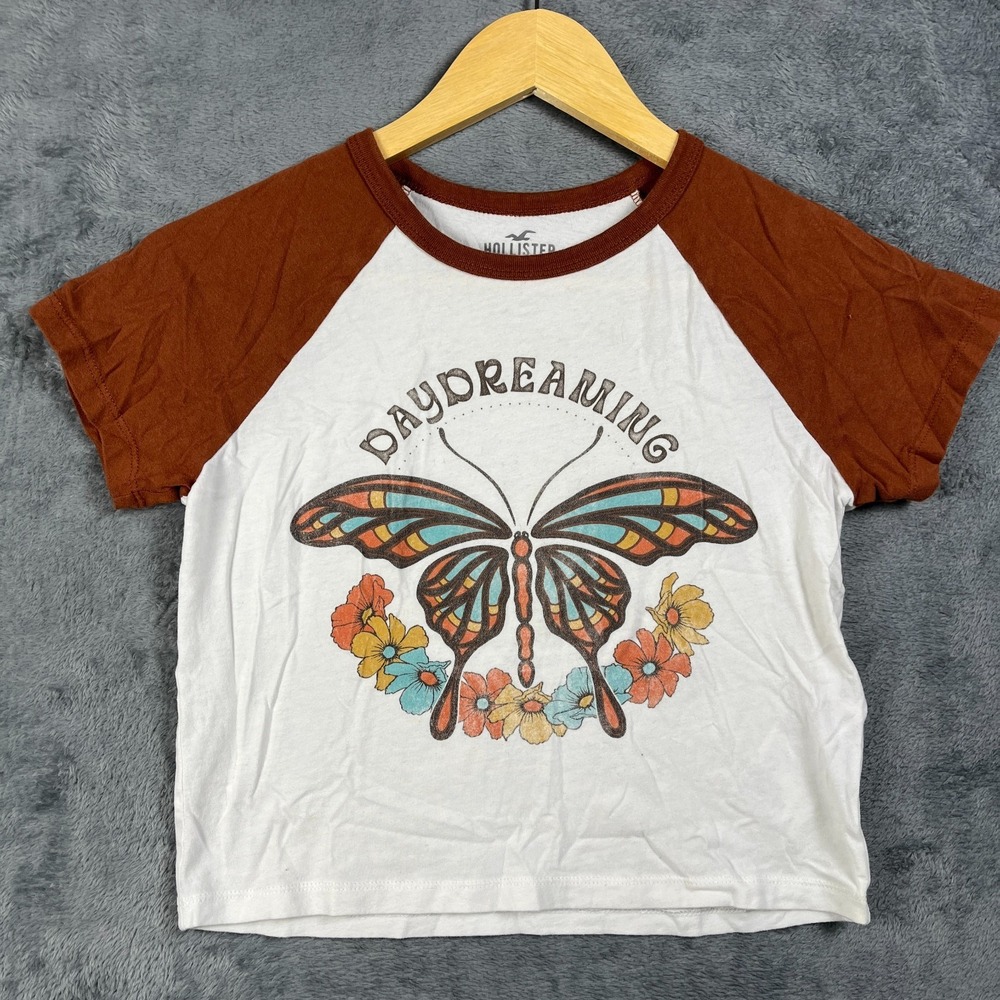 Hollister Womens XS White Brown Daydreaming Butterfly Graphic Raglan Crop Top